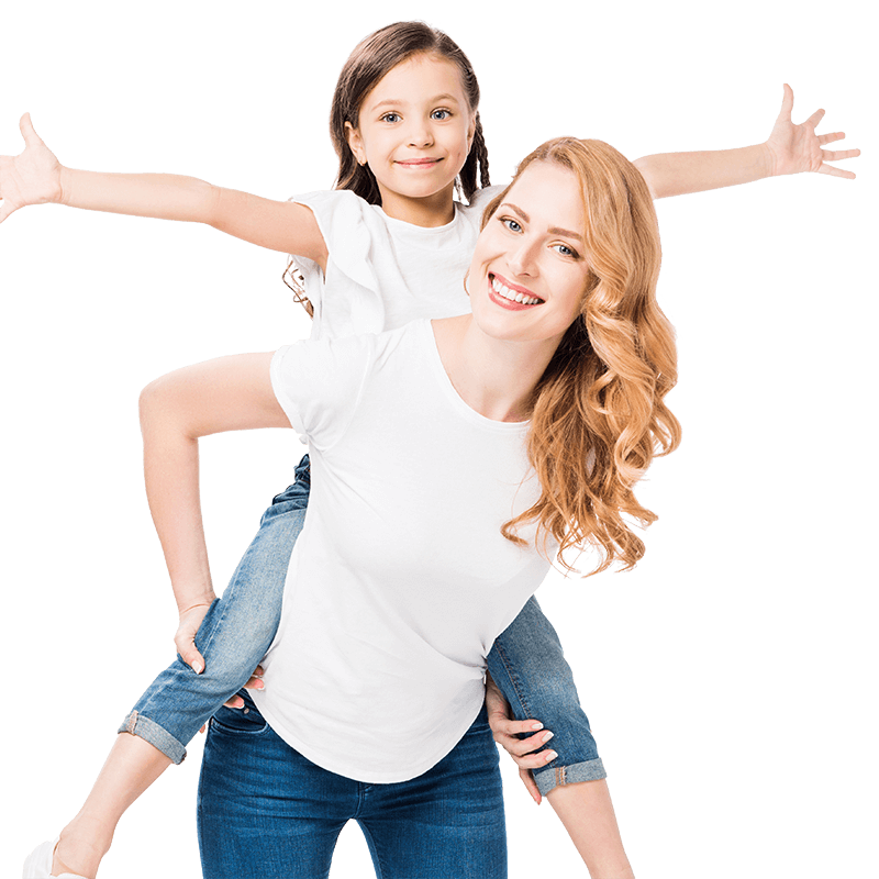 a mom with her daughter on her back